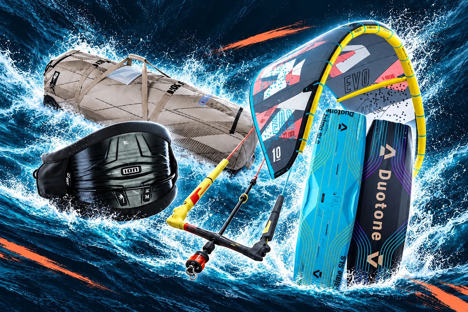 Giveaway prize examples: Duotone travel bag, ION Riot harness, control bar, Jaime board and Evo D/LAB kite
